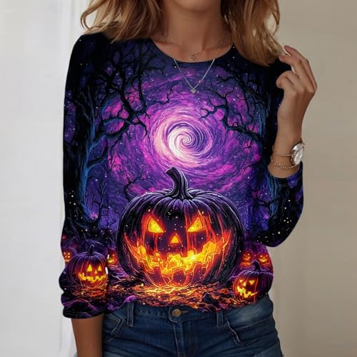 Halloween Shirts for Women Long Sleeve Plus Size Fashion Crewneck Comfortable Tshirts Halloween Costumes for Women