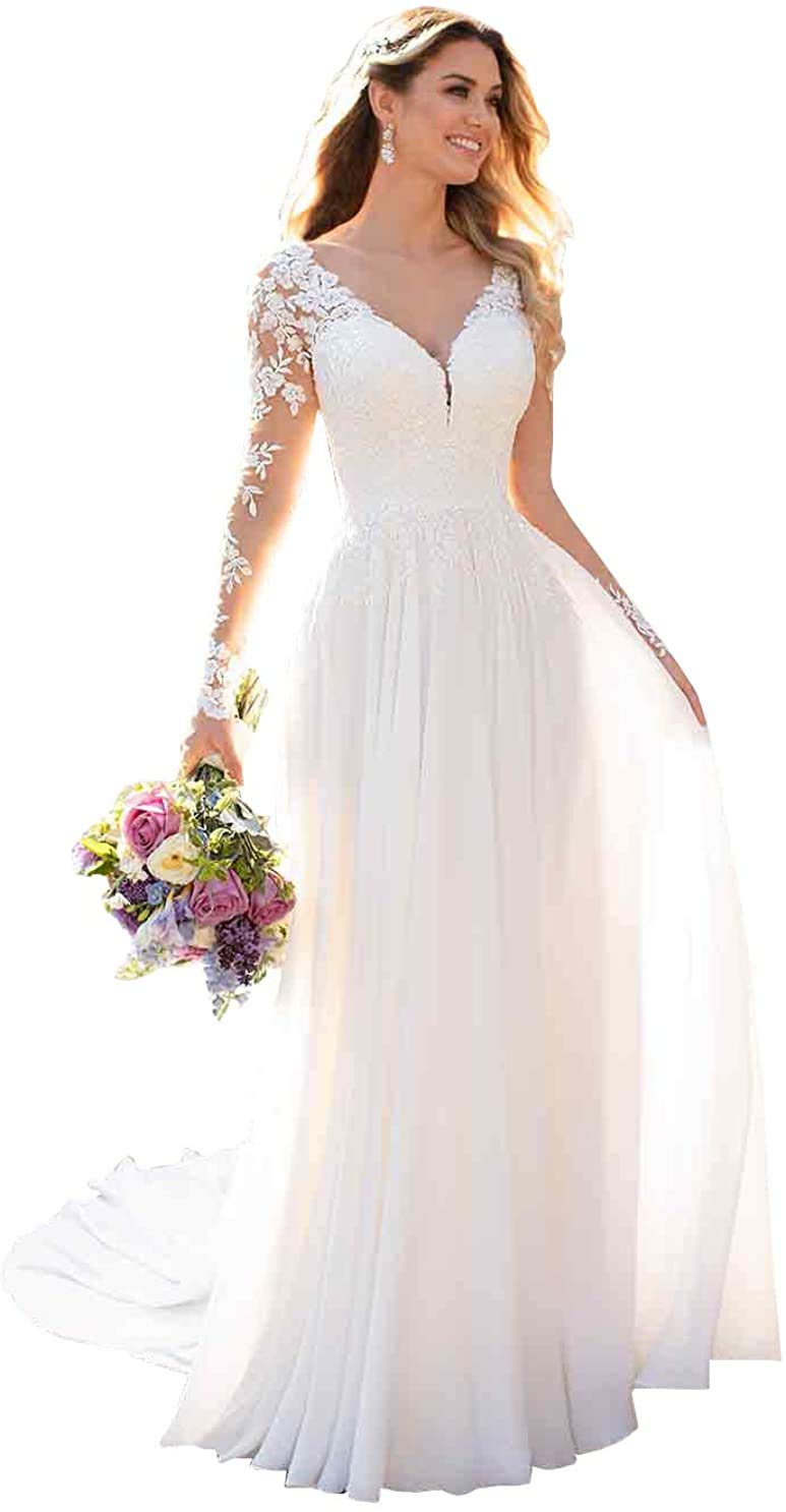 Vestido de Novia Encaje Vestido de Novia de Playa de Manga Larga Vestido de Novia en Forma de a, WZEFEIO, Marfil, 42