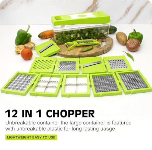Image of Vegetable Chopper with Container, Manual Food Chopper with Stainless Steel Blades, Multipurpose Vegetable Cutter & Slicer, ABS Plastic (12 in 1 Chopper)