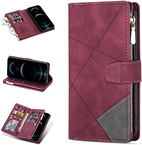 Funda Samsung S22 Plus de piel con cremallera y 9 ranuras para tarjetas rojo