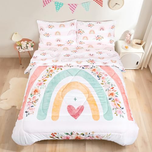 Image of Toddler Bedding Sets Twin Size for Girls, Rainbow Toddler Crib Bedding Set 5 Piece Floral Toddler Comforter Set Includes Flat Top Sheet, Fitted Sheet, Comforter, Envelope Pillowcase, Soft & Comfort