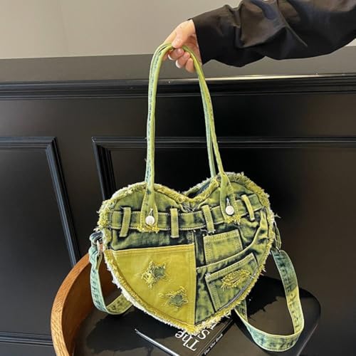 Sac en denim Y2K patchwork et messager mignon en cœur pour ado - 7
