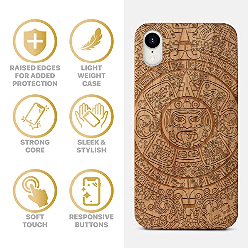 Caseyard Wood Phone Case For Iphone Xr Laser Engraved Maya Calendar Design Cherry Wood Compatible Iphone Case Protective Shockproof Slim Fit Cell Phone Cover For Men & Women #TOP3