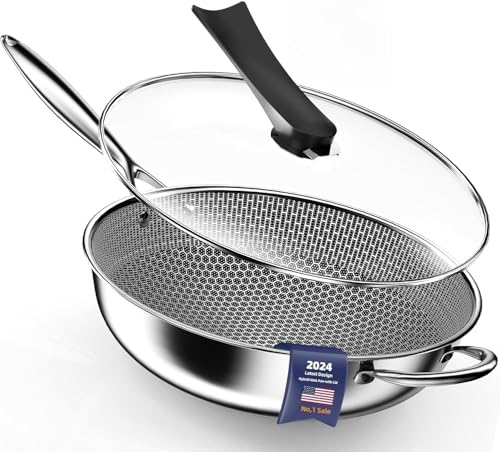 Kiseely Padella Wok, Wok ibrido per friggere da 34cm con coperchio, Wok antiaderente con manico Stay-Cool, compatibile con tutti i piani cottura compresi quelli a induzione (AQ1)