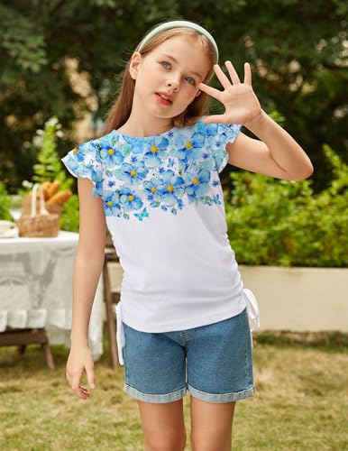 Image of Arshiner Girls T Shirts Ruffle Short Sleeve Ruched Knot Side Tunic Blouse Summer Tee Tops
