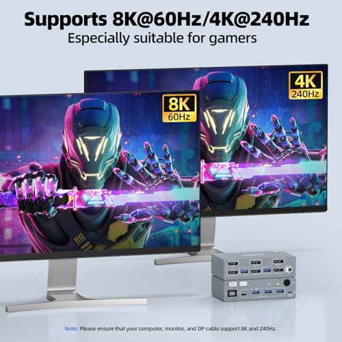 Image of Displayport KVM Switch 2 Computers 2 Monitors, 8K@60Hz /4K@240Hz Dual Monitor KVM Switch for 2 PCs Share 2 Monitors, with 4 USB3.0 Ports, USB Cables and Power Adapter,Grey 12cm DP KVM