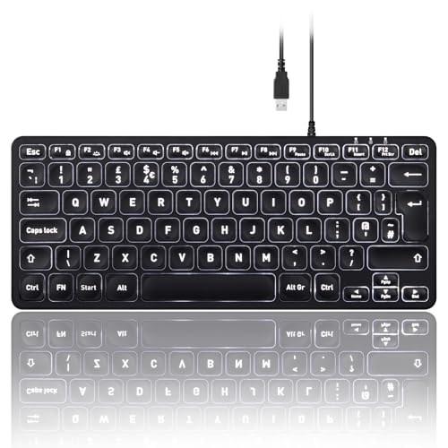 perixx PERIBOARD-332 Backlit Keyboard, Mini Wired USB with Large Font Keys, Adjustable Brightness, Slim Profile, White LED, UK QWERTY