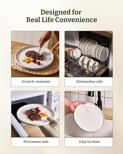 Image of Famiware Nebula Plates and Bowls Sets, 24 Pieces Stoneware Dinnerware Sets, Reactive Glaze Dish Set, Dishes Set for 8, Matte Beige White