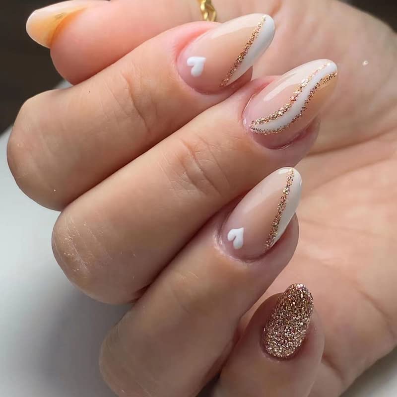 Elegant 24pcs Designer Press On Nails, Rose Gold Glitter with White Hearts Design, Reusable and Unbreakable Stick-on Nails for Women with Easy Glue Tab application-image-15