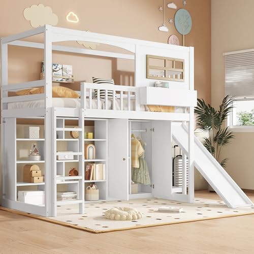 Zepneiy Lit Enfant 90x200 avec Toboggan et Armoire pour Enfants, Lit Superposé Enfant avec Espace de Rangement et échelle à Quatre marches, Pin et MDF Blanc...