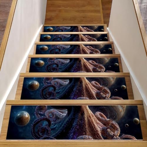 15 x rutschfeste Stufenmatten mit Oktopus-Motiv "kosmische Planeten" (1) Stufenmatten für Holzstufen im Innenbereich, Treppenteppich, waschbar, wiederverwendbar, selbstklebend, für Kinder und Hunde