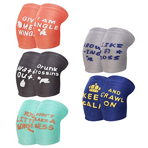 Auxsoul 5 Pairs Baby Knee Pads for Crawling, Anti Slip Knee Pads for Babies Infant Toddler Boys and Girls, Adjustable Breathable Baby Knee Pads Printed with Cute Funny Quotes, 6-18 Months
