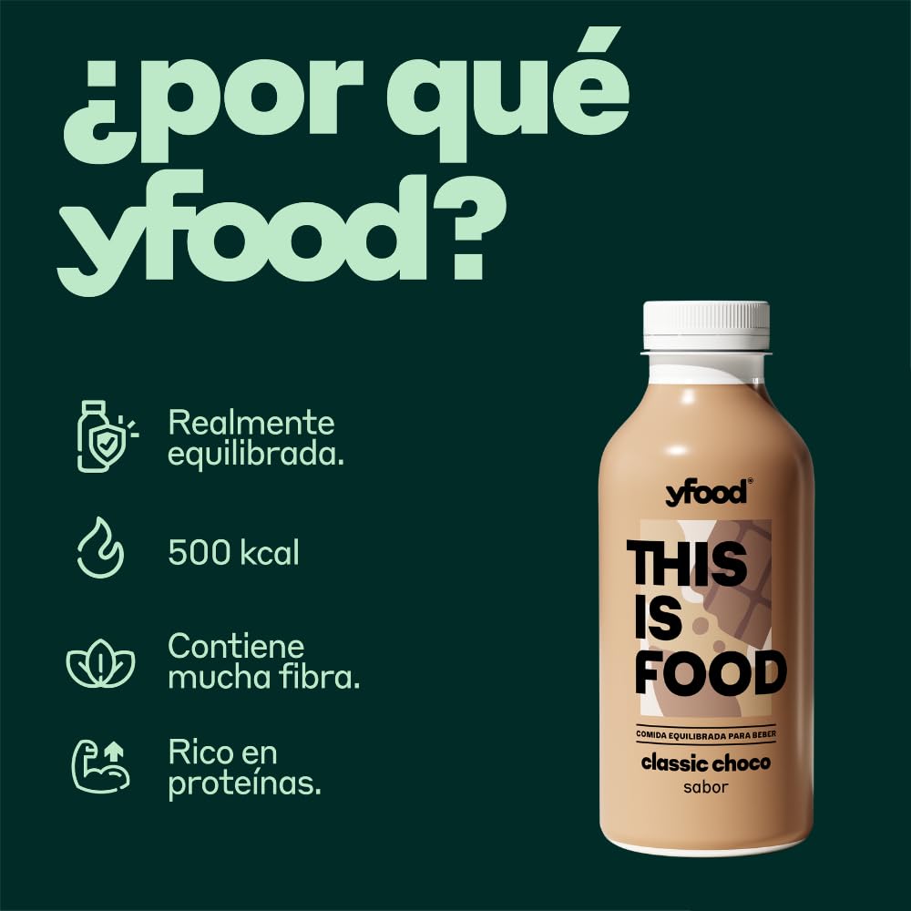 yfood Classic Choco - Batido Sustitutivo de Comida, Bebida Proteica Lista para Beber, 30 g de Proteína, 26 Vitaminas y Minerales, Sin Lactosa y Sin Gluten, 500ml