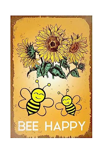 Funny Flowers Metal Sign, Metal Country Rustic Tin Sign, Sunflowers Bee Happy, Yard Sign Garage Farm Outside Garden Wall Decor Sign Plaque Outdoor for Home Fence 8 X 12 Inch