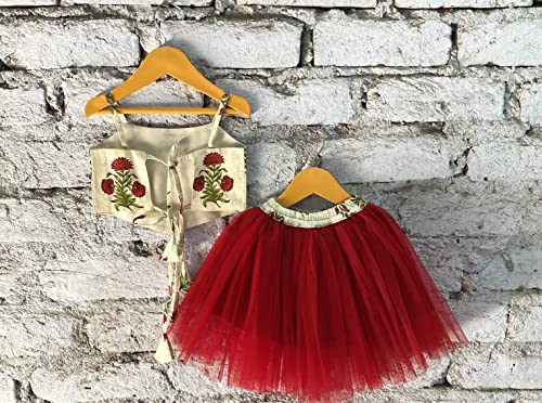 Image of ANNECA baby girl's designer rayon cotton modern crop top and naylon soft net knee lenth skirt clothing set
