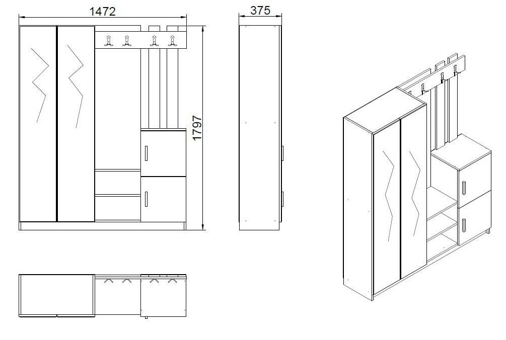 Dmora Mobile da Ingresso Borealis, Entratina Appendiabiti, Composizione per atrio, Consolle portaoggetti Multifunzione, 147x38h180 cm, Quercia e Bianco