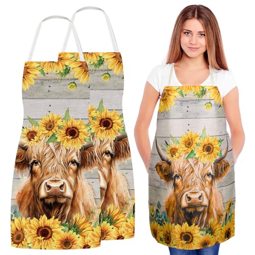 Whaline 2Pcs Highland Cow Sunflower Aprons Summer Floral Yak Pattern Adjustable Kitchen Cooking Aprons Decor Washable Kitchen Apron for Gift Painting Gardening Restaurant Baking Party Supplies