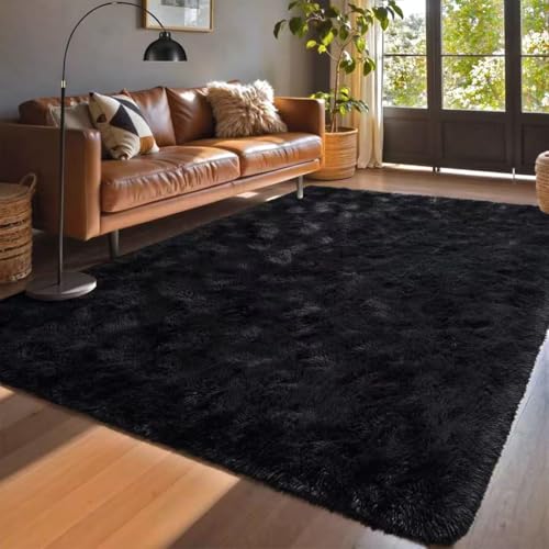 Black Rugs for Living Room Fluffy 4x6 ft Bedroom Rug Non-Slip Area Rugs Shag Carpet for Nursery Kids PlayRoom Dorm Office Indoor Modern Plush Carpets Boys