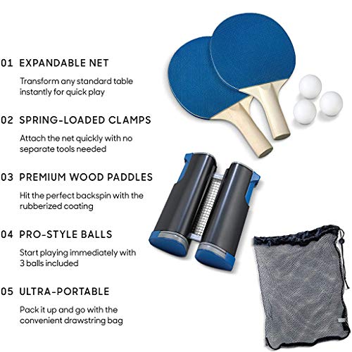 Ping Pong Paddle Set with Retractable Net (Bracket Clamps), Balls, and Posts Regulation Table Tennis Accessories, Advanced Home Indoor Outdoor Play, Storage Case (A Set / 7 PCS)