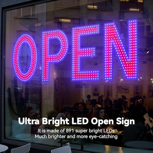 Image of Open Sign for Business, 48 inchx17 inch Dimmable Large LED Open Signs with Hanging Installation for Bar Pubs Store Restaurant Office Hotel Salon Red & Blue