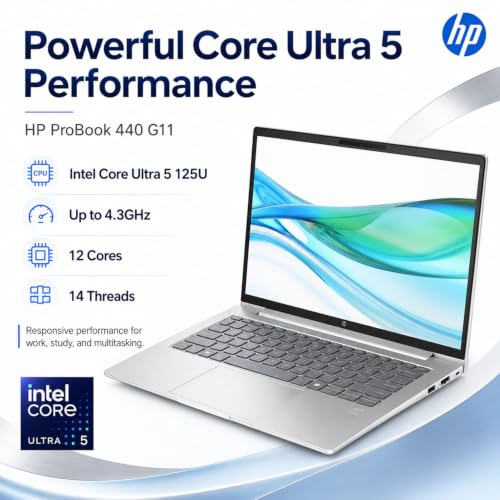 Image of HP ProBook 440 G11 14 inch WUXGA 16:10 Business Laptop, Intel Core Ultra 5 125U, 16GB DDR5 RAM, 512GB PCIe NVMe SSD, Backlit Keyboard, Fingerprint Reader, Wi-Fi 6E, Bluetooth 5.3, Windows 11 Pro