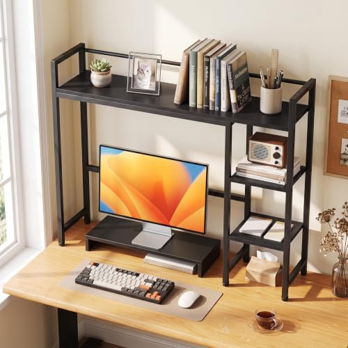 Image of Tangkula 4-Tier Desktop Bookshelf, 38.5 inch Dorm Desk Hutch, Black | Tabletop Hutch for Computer Monitor, 4 Open Storage Shelves, Anti-tip Device, Desktop Display Shelves for Home Office