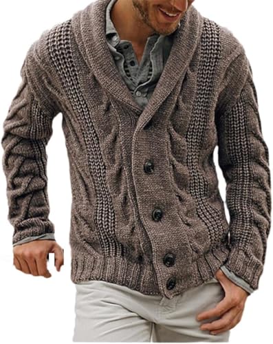 Men's Shawl Collar Cardigan Single Breasted Sweater Fashion Knit Plus Size Cable Knit Coat Winter Chunky Clothes, Brown, XX-Large