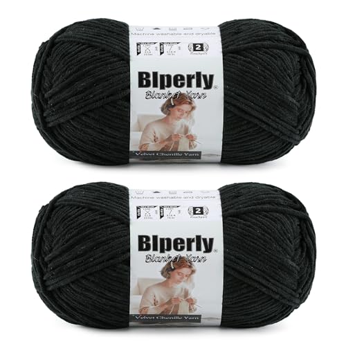 Image of Skinny Chenille Yarn for Crocheting #2 Black Thin Baby Blanket Plush Yarn | 2 Pack of 158 Yds, 1.7 Oz Sport Fingering Weight Fine Yarn, Soft Fluffy Velvet Yarn for Crochet knitting Blankets, Amigurumi