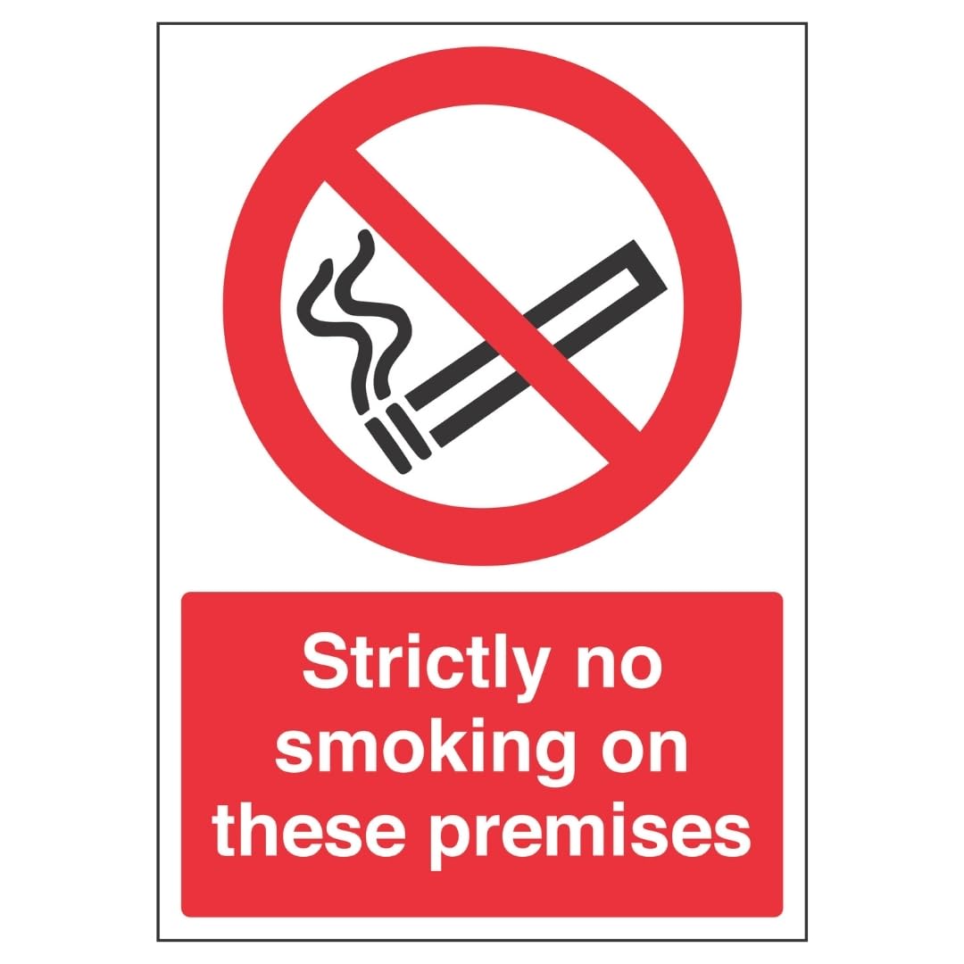 V Safety Strictly No Smoking On These Premises - Portrait 210 x 297 mm (A4) - 1mm Rigid Plastic Safety Sign