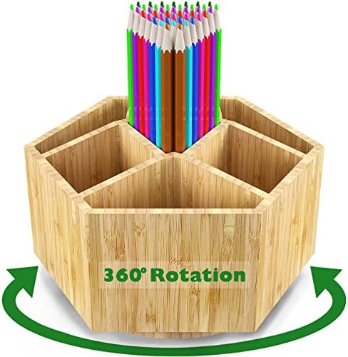 Bamboo Rotating Art Supply Organizer, 7 Sections, Hold 350+ Pencils, School Supplies Organizer for Pen, Colored Pencil, Art Brushes, Desktop Storage Box in Classroom & Art Studio
