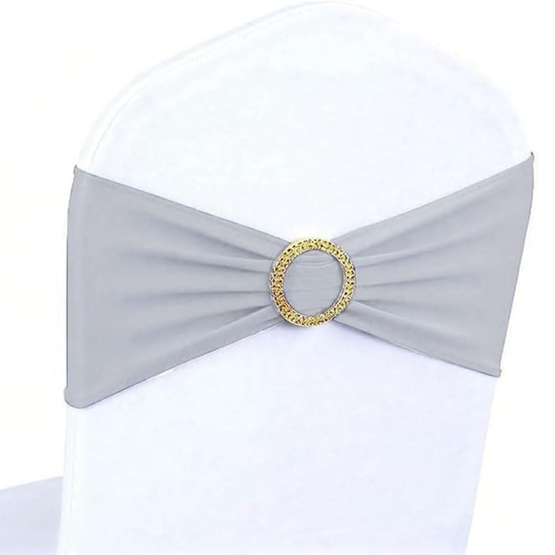 50 Pack Silver Chair Sashes with Gold Buckle Slider, Spandex Grey Chair Bands Bows for Folding Chairs Wedding Party Banquet Decor