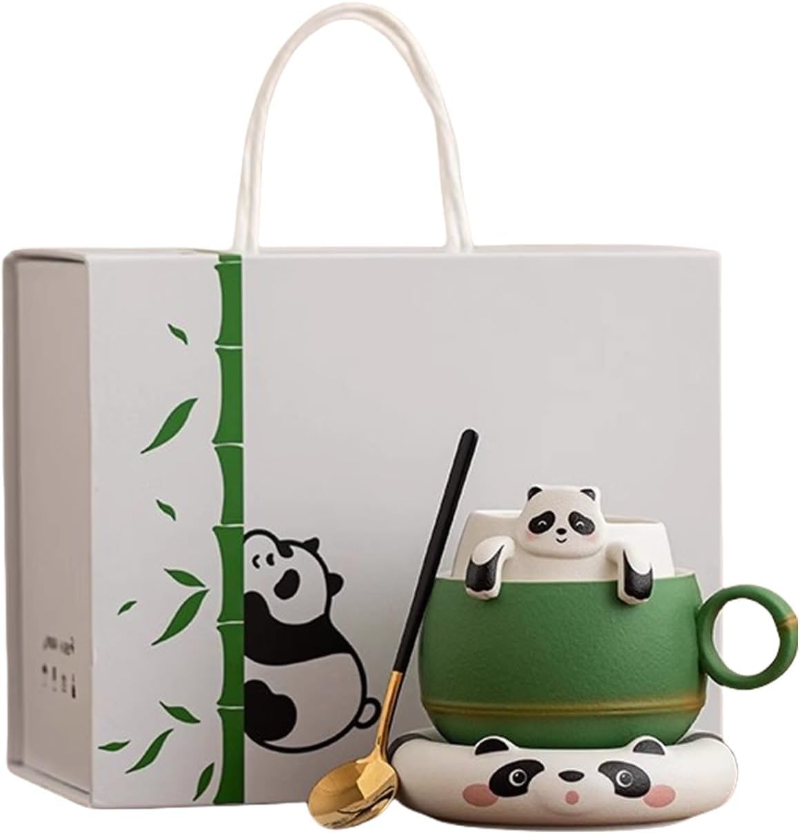 OHAANYY Juego de tazas de té de panda, taza de té y café de cerámica con colador, platillo y cuchara, divertida taza de animales con separador de té, 240 ml, regalo creativo para mujeres (verde y