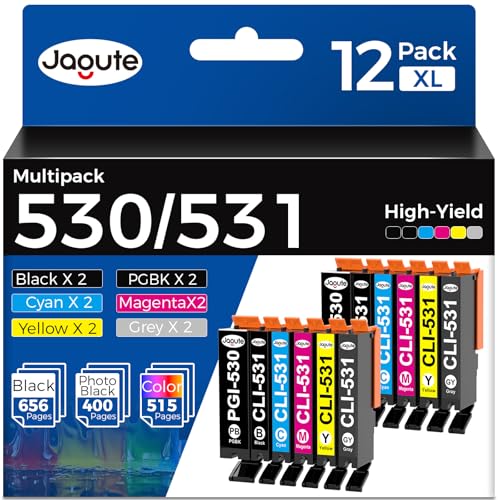 PGI 530 CLI 531 Cartuchos de Tinta para Canon 530XXL 531XXL PGI 530XL CLI 531XL PGI530 PGBK CLI531 Compatibles con Canon Pixma TS8750 TS8751 (12 Paquete, PGBK Negro Gris Cian Magenta Amarillo)