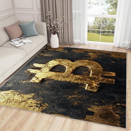 Aquailis Bitcoin Carpet Rug - Crypto Rugs, 4x5 Rug, Gold Cryptocurrency Area Rug, Blockchain Financial Washable Rugs for Living Room Bedroom, Black and Gold Carpet - Home Decor, Bitcoin Gifts for Men