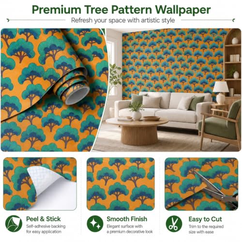 Image of Mustard Yellow & Teal Japanese Tree Peel and Stick Wallpaper - Modern Botanical Self Adhesive Wallpaper Roll for Living Room, Bedroom, Dining Room, Office, Cabinet