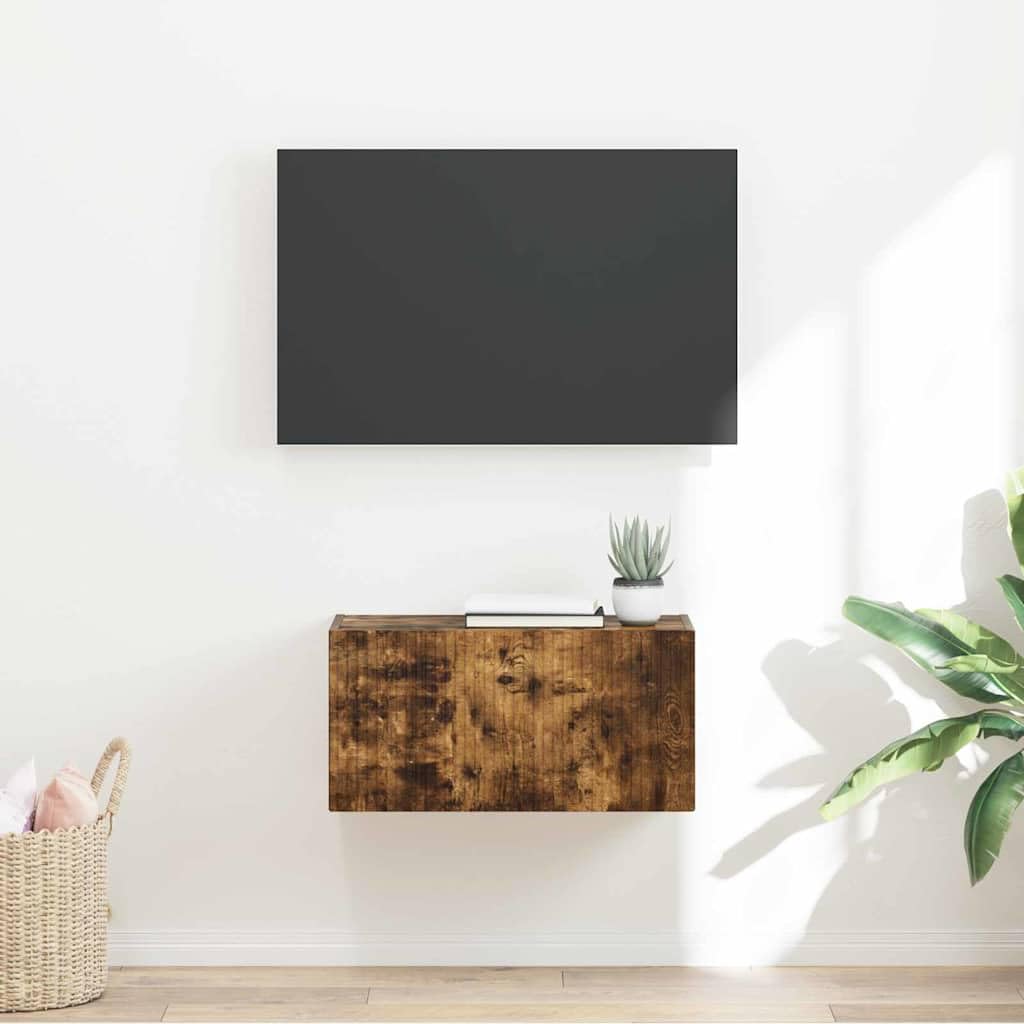 Mueble de TV montado en la pared con almacenamiento flotante color roble ahumado marrón