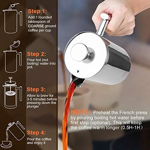 Secura French Press Coffee Maker, 304 Grade Stainless Steel Insulated Coffee Press with 2 Extra Screens, 17oz (0.5 Litre), Silver - 5