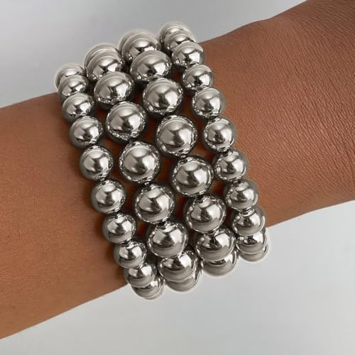 Chunky Beaded Bracelets for Women 14K Gold Plated Stackable Beaded Bracelet Stack Adjustable Large 8MM/10MM Ball Bracelet Set Hip Hop Jewelry Gifts4