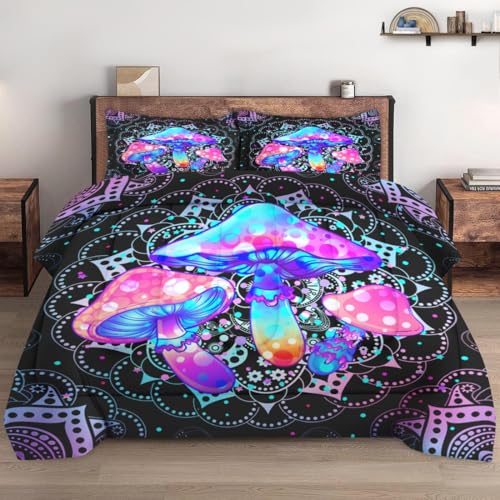 WeCozy Queen Size Comforter Set with 2 Pillowcases, Mushroom Hippie 3 Pcs Bedding for Kids and Adults, Colorful Dream Mandela Soft Comforter Set for Bedroom Bed Decor