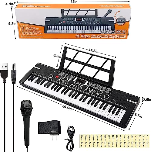 61 keys keyboard piano, Electronic Digital Piano with Built-In Speaker Microphone, Sheet Stand and Power Supply, Portable piano Keyboard Gift Teaching for Beginners -Black
