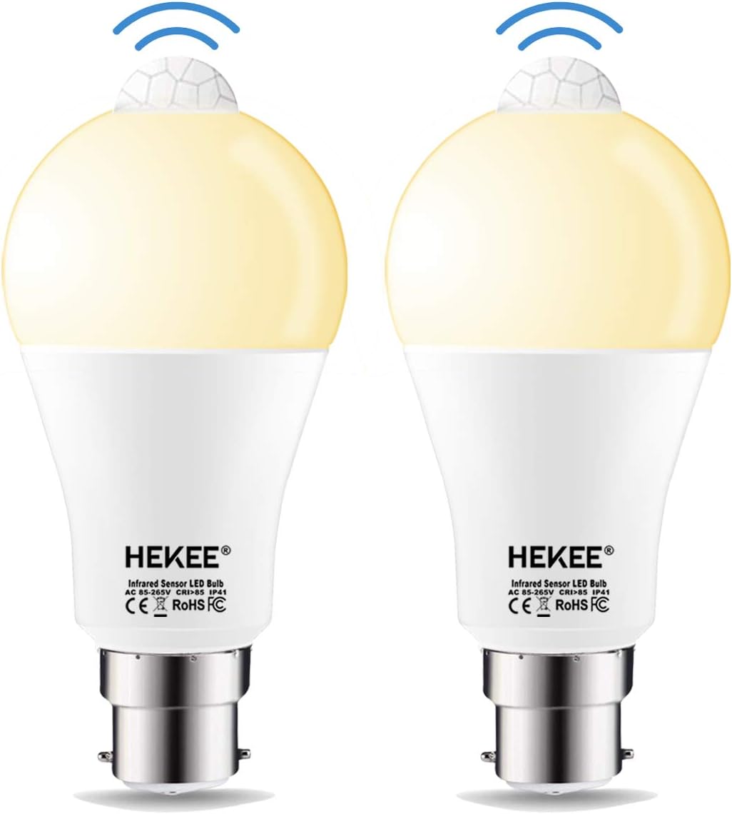 HEKEE PIR Motion Sensor Light Bulb B22 15W (100W Incandescent) A60 Bayonet Cap, Warm White 3000K, Equivalent (2 Pack)