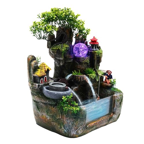 LyeXD Indoors Rockery Fountain Goldfish Waterfall Desktop Decorat, Tabletop Fountain Waterfall Bonsai with Atomizing Humidifier&LED Lights, Indoor Relaxation Resin Ornament for Home Office Bedroom