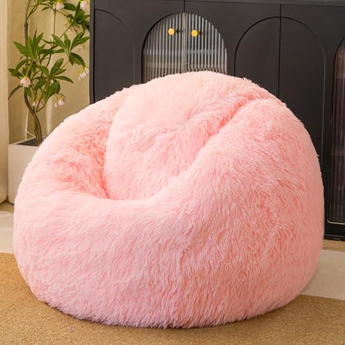 Pink fluffy bean bag chair covers (No Filler) comfy Plush Pink bean bag chair Cover for bedroom stuffed animal Storage kids adults teens girls bean bag chairs Anti-Slip