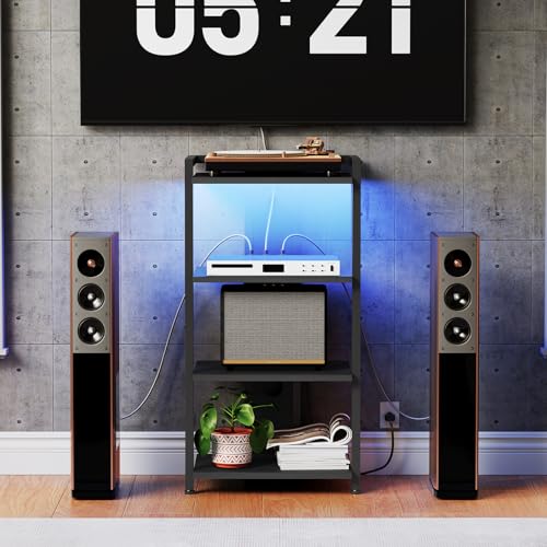 HOOBRO 4-Tier AV Media Console With Charging Station and LED Light, Wooden Stereo Cabinet, Corner TV Stand, Record Player, Entertainment Device, Black BB38UDCJ01 - Image 6