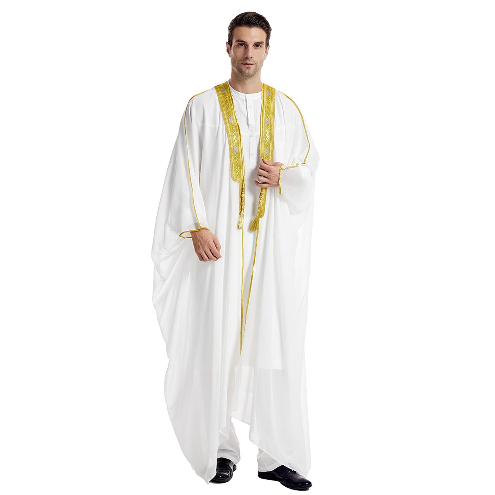 Generisch Vestaglia araba musulmana casual in raso con maniche centrali da uomo, elegante mantello casual in tessuto lucido per occasioni speciali