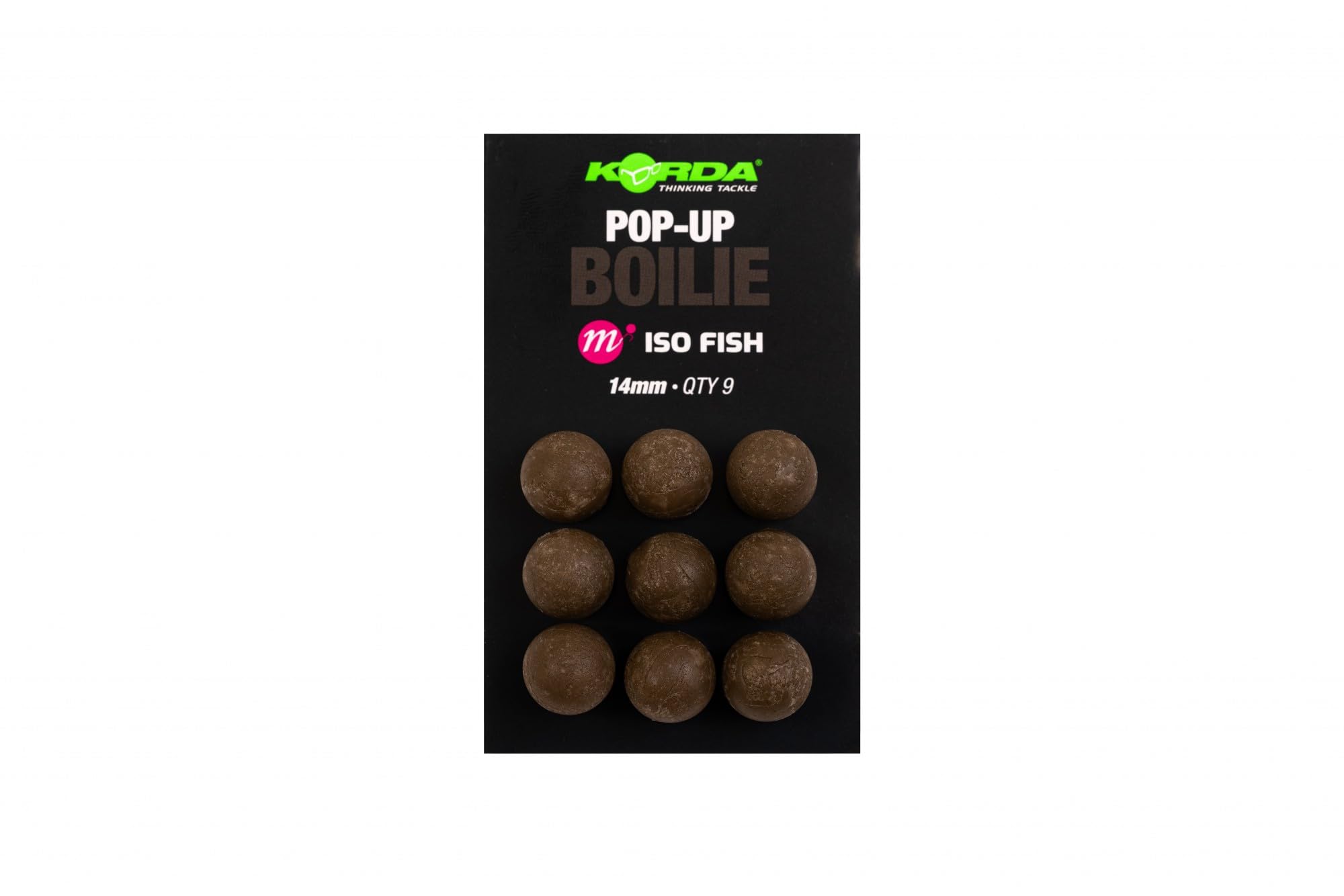Korda Pop Up Boilie ISO Fish, Imitation Carp Fishing Hookbaits, 14mm, Qty 9, Spinner Rig Ready, Recessed Hair Stop Cavity