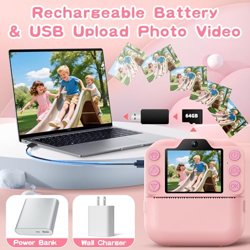 Image of Kids Instant Camera with 64GB SD Card, Portable Digital Camera Toy for Girls and Boys Ages 3-12, Toddler Christmas and Birthday Gift for 3 4 5 6 7 8 9 10 Year Old Kids (Blue) (Pink)