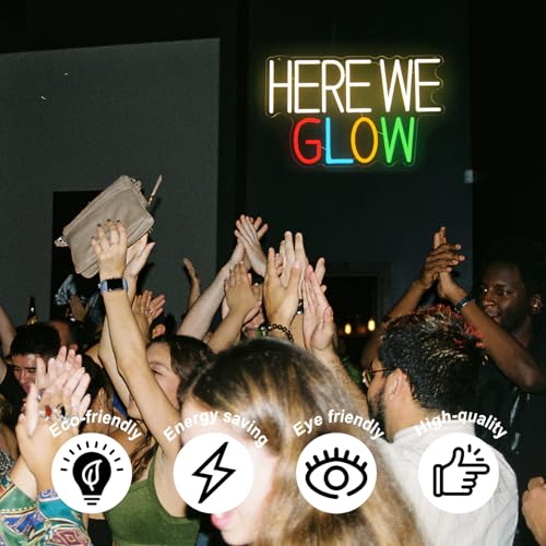 Image of Here We Glow Neon Sign Congrats Grad LED Light for Prom Night Party Decor | Dimmable Letter Neon Lights for Bedroom, Prom Light Up Signs, Acrylic Wall Art, USB Powered, Graduation Backdrop Decor, Gifts