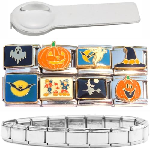 Set of 8 Different Halloween Italian charms plus one 18 link starter bracelet and a charm opening tool too