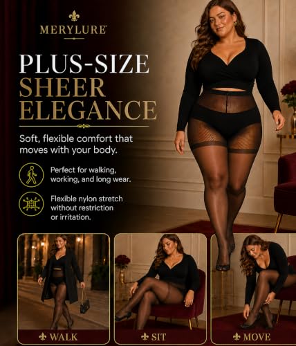 Image of MERYLURE Plus Size Sheer Tights for Women,20D Control Top Pantyhose Reinforced Toes High Waist Stockings 3 Pairs 1XL-6XL